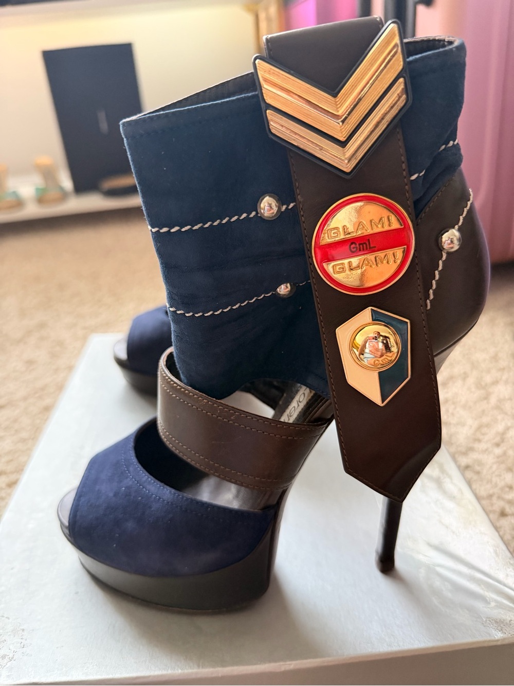 Glami Navy Suede & Brown Leather High-Heel Ankle Boots by